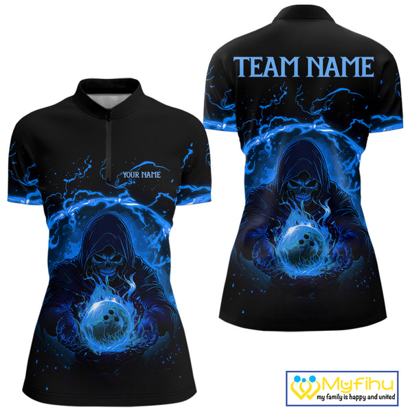 Women bowling polo, 1/4 zip shirts Custom blue flame skull bowling team jerseys, gift for Bowlers NQS10056