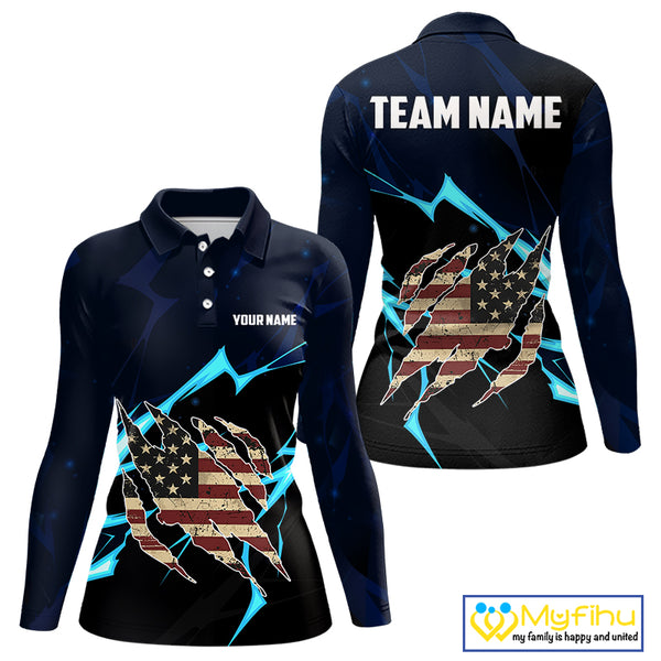 Vintage American Flag blue lightning Women Golf polo shirts Custom patriotic Golf outfit For ladies NQS10059