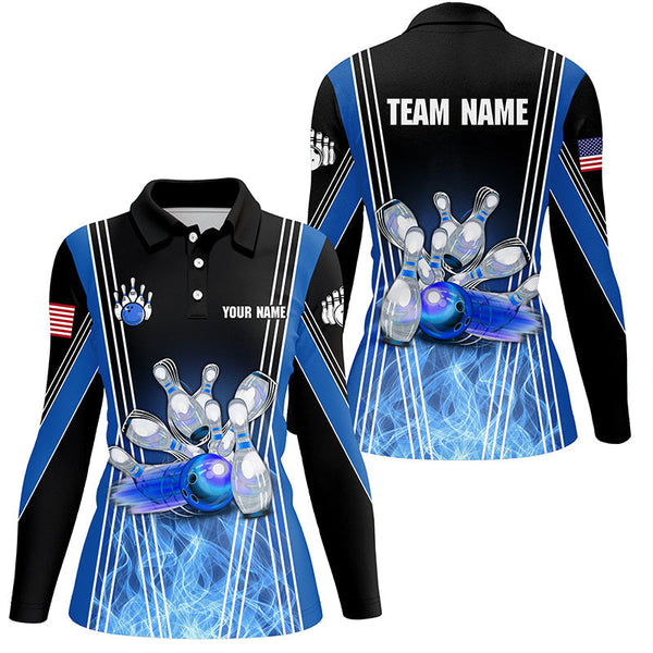 Blue flame bowling polo shirts for women Custom Team girl bowling jerseys, gift for bowlers NQS7237