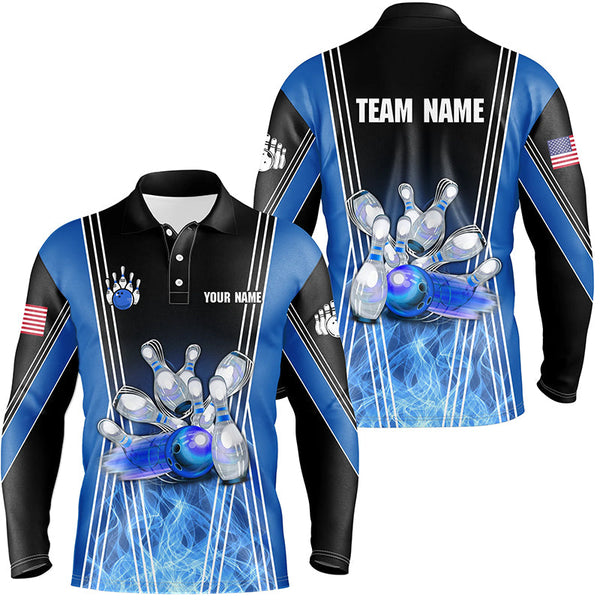 Blue flame bowling polo shirts for men Custom Team bowling jerseys for men, gift for bowlers NQS7237