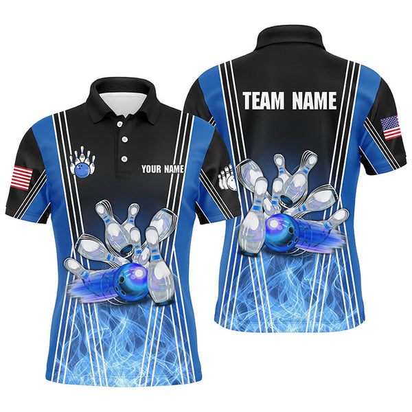 Blue flame bowling polo shirts for men Custom Team bowling jerseys for men, gift for bowlers NQS7237