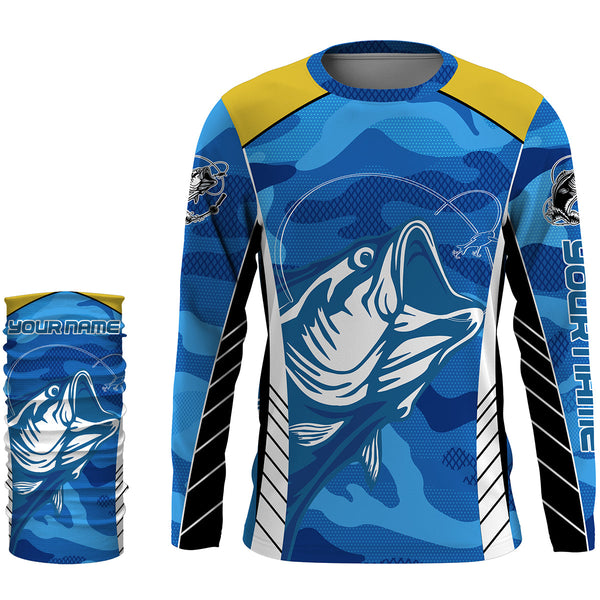 Bass Fishing tattoo blue UV protection  customize name long sleeves fishing shirts NQS2328