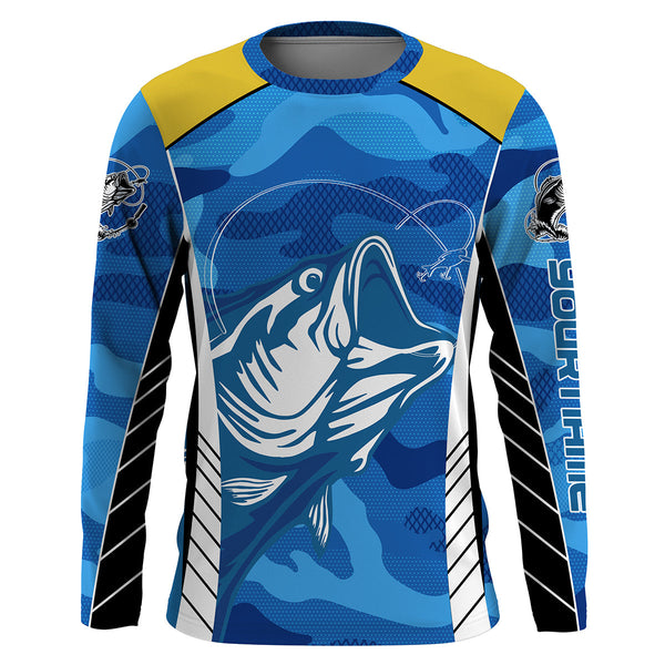 Bass Fishing tattoo blue UV protection  customize name long sleeves fishing shirts NQS2328