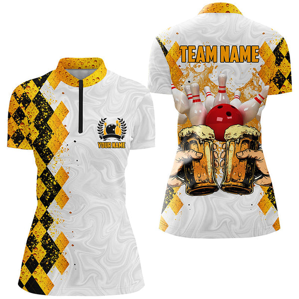 Bowling Beer argyle pattern Custom Bowling Polo, 1/4 zip Shirts For Women Bowling Team League Jersey NQS8423