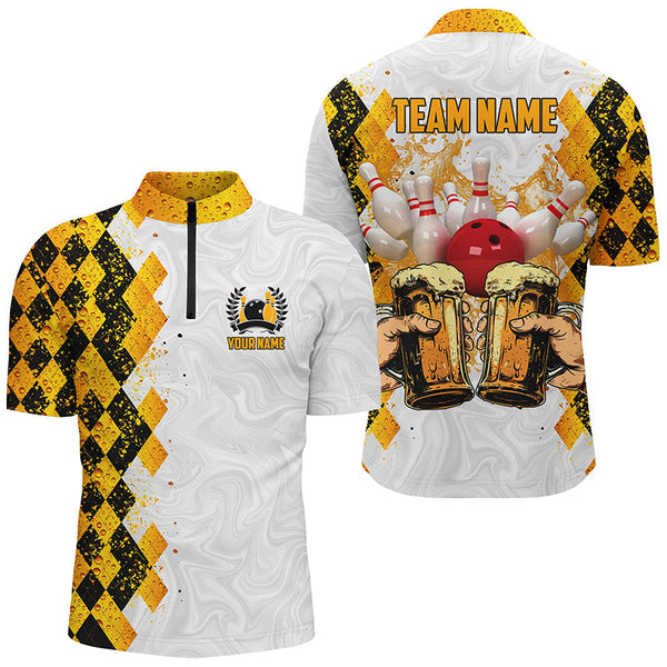 Bowling and Beer argyle pattern Custom Bowling Polo, 1/4 zip Shirts For Men Bowling Team League Jersey NQS8423