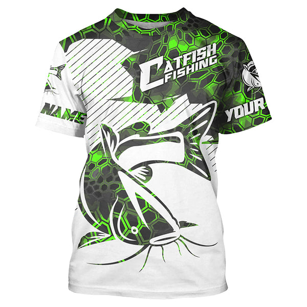 Custom Catfish Long Sleeve Tournament Fishing Shirts, Catfish Fishing Jerseys | Green Camo IPHW4754