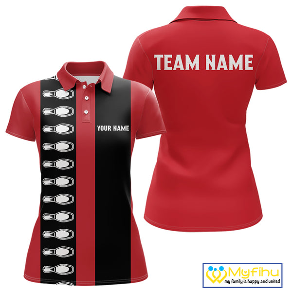 Red and black retro vintage Bowling polo, quarter zip shirts for Women custom Bowling team jerseys NQS10385