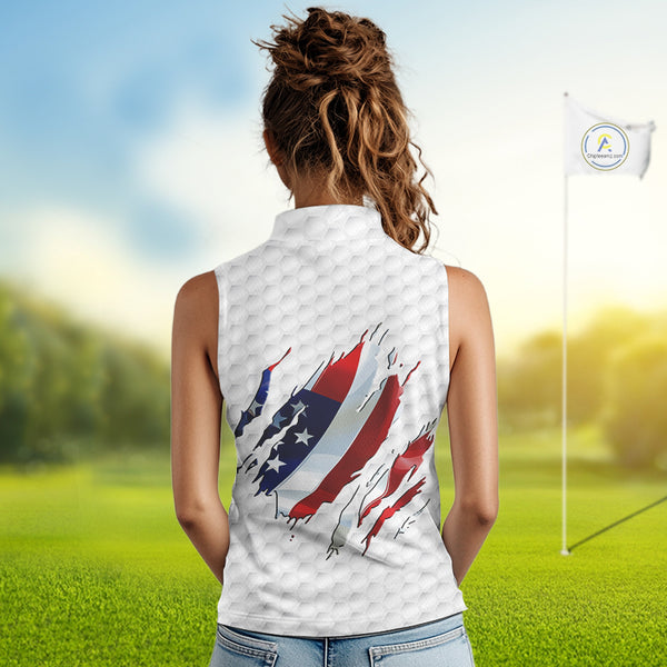 Red, white and blue American Flag Womens sleeveless polo shirt custom patriotic ladies golf tops NQS9318