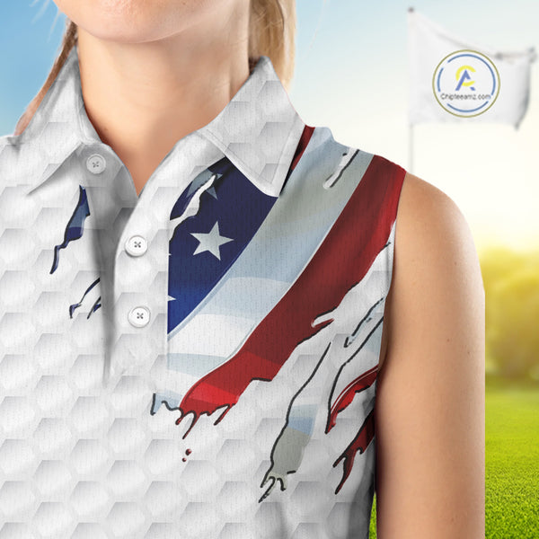 Red, white and blue American Flag Womens sleeveless polo shirt custom patriotic ladies golf tops NQS9318