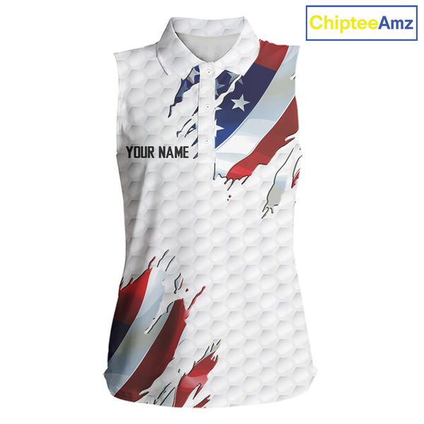 Red, white and blue American Flag Womens sleeveless polo shirt custom patriotic ladies golf tops NQS9318
