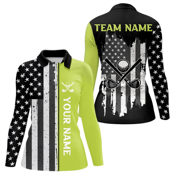 Black White Retro American Flag Golf Polo Shirt for Women Custom Patriotic Golf Team Shirt | Green NQS9637