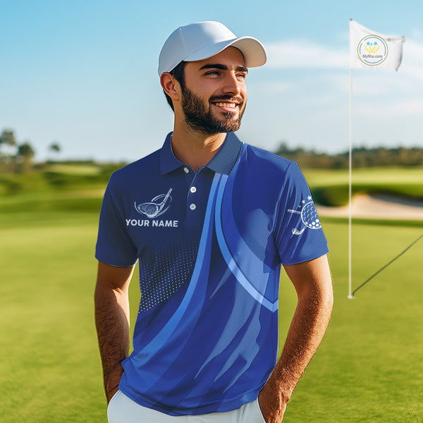 Mens golf polo shirts custom name Blue golf shirt, tournament golf tops for mens, golf gift NQS10223
