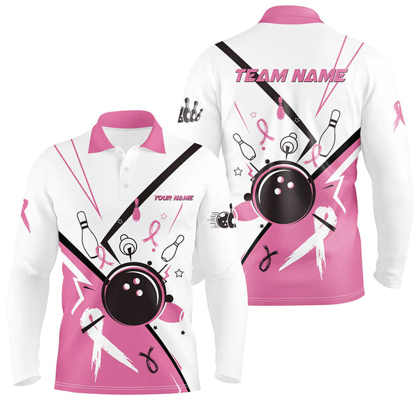 Pink ribbon breast cancer awareness bowling jerseys Custom Team Bowling Polo Shirt for men | White NQS7245