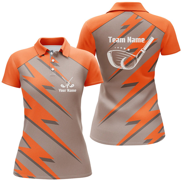 Personalized womens golf polo shirts orange lightning custom name & team name golf shirt, golfing gift NQS6090