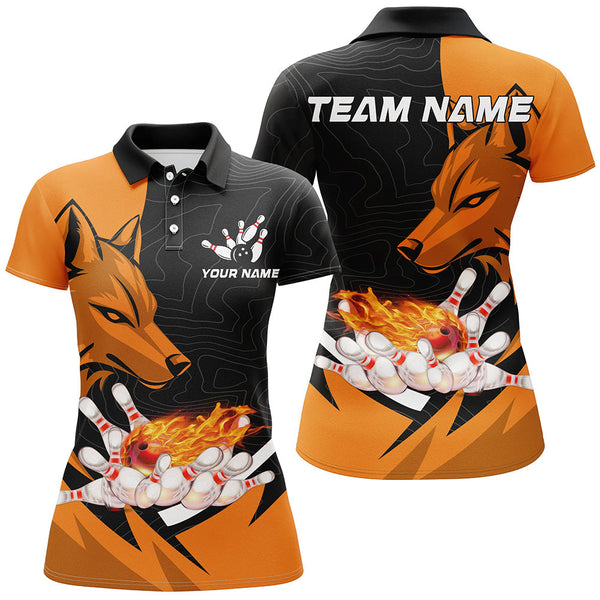 Black and Orange Flame Bowling Polo, 1/4 Zip Shirts For Women Custom Wolf Bowling Team League Jersey NQS8643