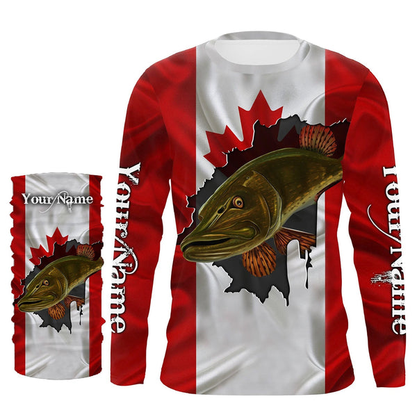 Northern Pike fishing Canadian flag patriot UV protection Customize name long sleeves fishing shirts NQS4500