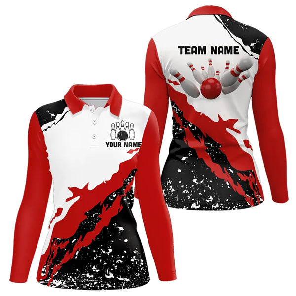 Black and white grunge pattern Bowling shirts for Women Custom Bowling Team league Jerseys | Red NQS9335