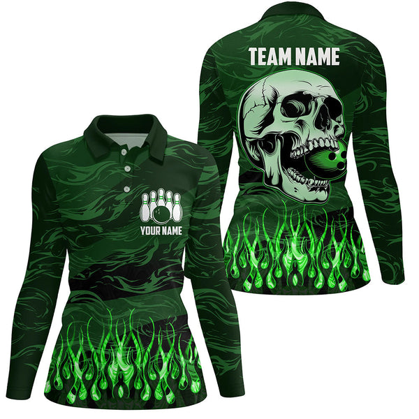 Women bowling polo shirts Custom Green camo Flame Skull Bowling Team Jerseys, gift for Bowlers NQS7431