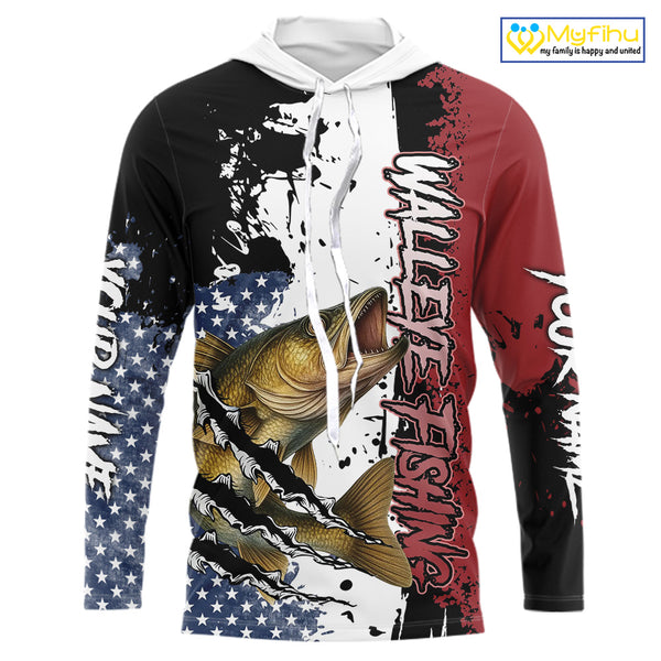 Red, white and blue Walleye fishing American Flag Custom patriotic Walleye fishing jerseys NQS9859