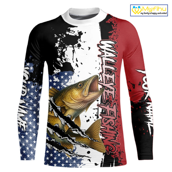 Red, white and blue Walleye fishing American Flag Custom patriotic Walleye fishing jerseys NQS9859