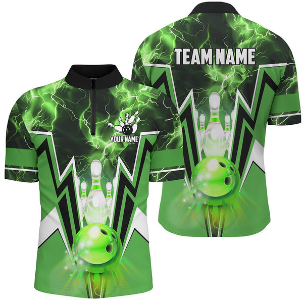 Green lightning thunder Bowling Polo, 1/4 Zip Shirt for Men Custom Bowling Team Jerseys for bowlers NQS7591