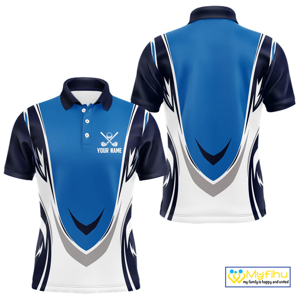 Blue and white Mens golf polo shirts custom golf attire for men, gifts for golf lovers NQS10085