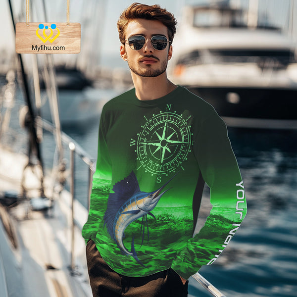 Personalized Sailfish Green Performance Fishing Shirts, compass Sailfish fishing tournament Shirts NQS10235