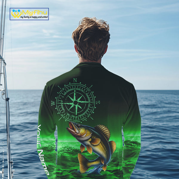 Personalized Walleye Green Performance Fishing Shirts, compass Walleye fishing tournament Shirts NQS10236