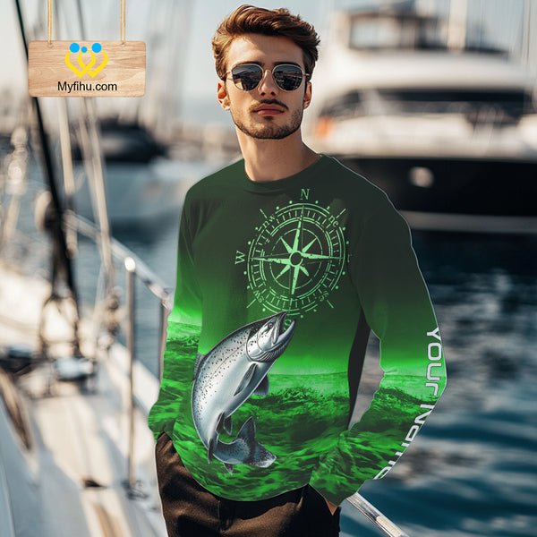 Personalized Salmon Green Performance Fishing Shirts, compass Salmon fishing tournament Shirts NQS10237