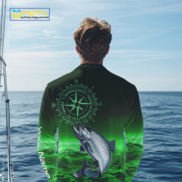 Personalized Salmon Green Performance Fishing Shirts, compass Salmon fishing tournament Shirts NQS10237