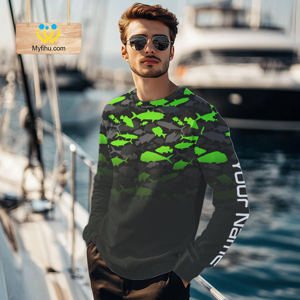 Fishing black and green camouflage UV long sleeve hooded camo fishing shirts Custom fishing apparel NQS10601