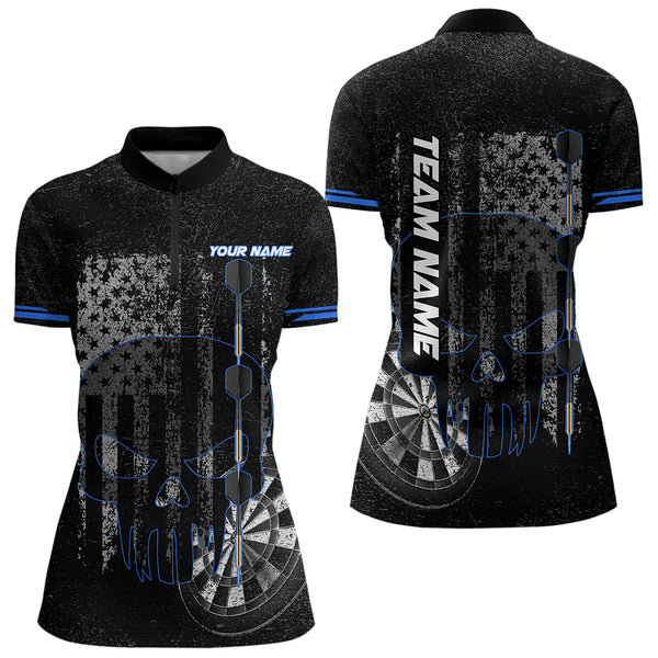 Black & White grunge American Flag Skull Women Darts Shirts Custom patriotic Team Darts Jersey | Blue NQS9343