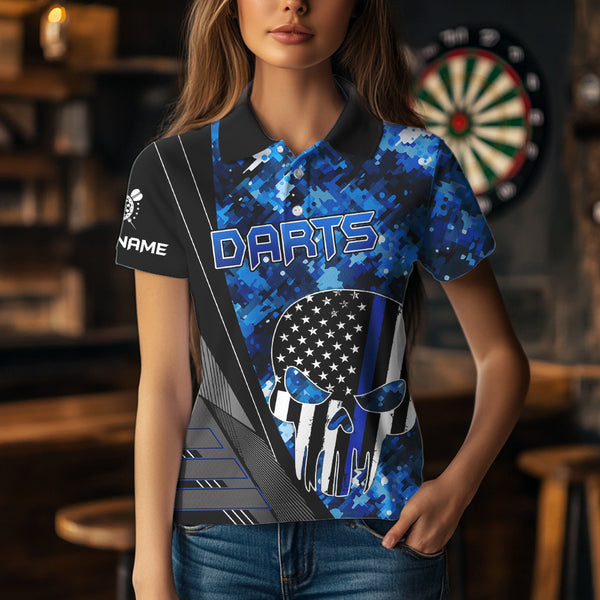 Black and White American Flag Skull Darts Blue Camo Darts Shirts For Women Custom Team Darts Jersey NQS9653