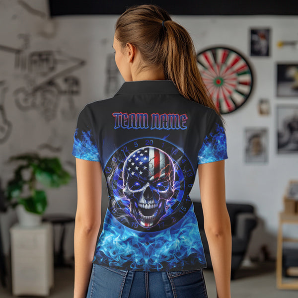 Blue Flame Smoke American Flag Eagle Skull Women Darts Polo, 1/4 Zip Shirts Custom Darts Team Jersey NQS9658