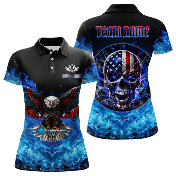 Blue Flame Smoke American Flag Eagle Skull Women Darts Polo, 1/4 Zip Shirts Custom Darts Team Jersey NQS9658