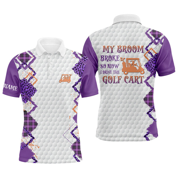 Funny Halloween Leopard Mens Golf Polo Shirts Custom My broom broke so now I drive the golf cart NQS8214