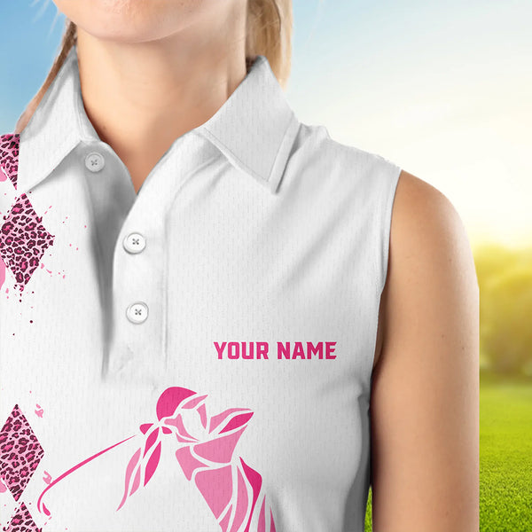Pink Leopard argyle pattern white Women sleeveless golf polo shirt custom golf tank top for women NQS9349