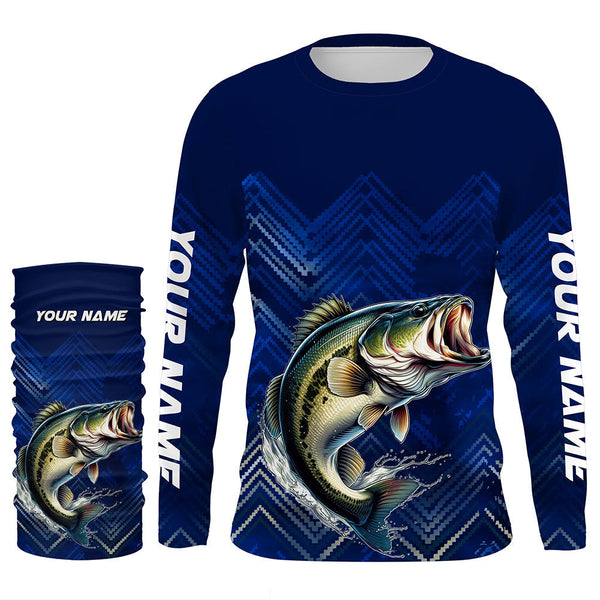 Largemouth Bass fishing blue camo Custom UV protection performance long sleeve fishing shirt NQS7159