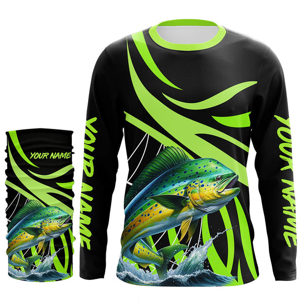 Personalized Mahi mahi ( Dorado) Long Sleeve Fishing Shirts, Tournament Fishing Jerseys | Green NQS7448