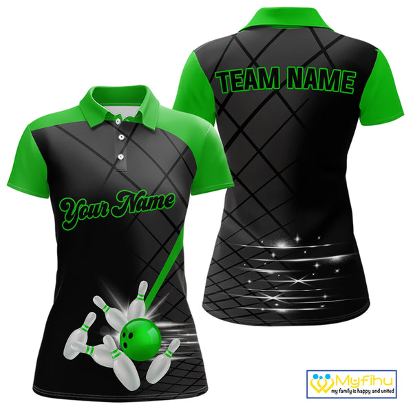Black & Green bowling league jersey custom Women Bowling Polo, 1/4 zip Shirt, gifts for ladies bowler NQS10096