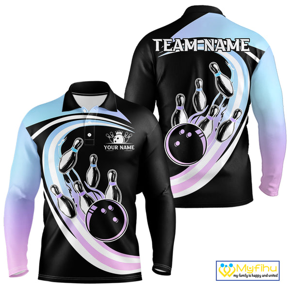 Blue Purple Gradient Bowling Shirts For Men Custom Bowling Team League Jersey, Gift For Bowler NQS10432