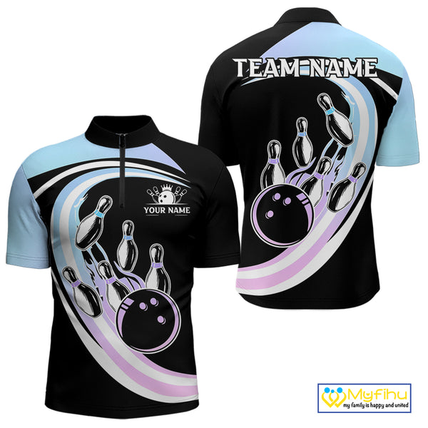 Blue Purple Gradient Bowling Shirts For Men Custom Bowling Team League Jersey, Gift For Bowler NQS10432