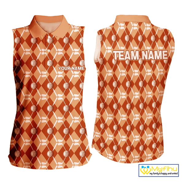 Women sleeveless polo shirt custom orange argyle plaid pattern golf attire for ladies, golfer gifts NQS10436