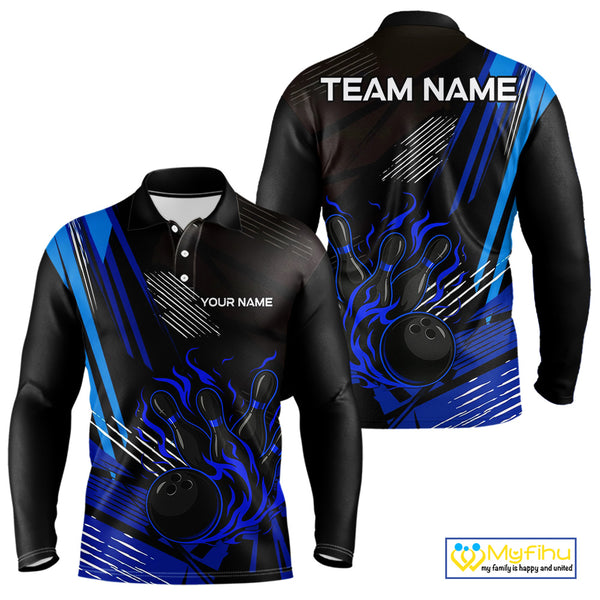 Black and Blue Flame Bowling Polo, Quarter Zip Shirts For Men Custom Bowling Outfit Team Jerseys NQS9962