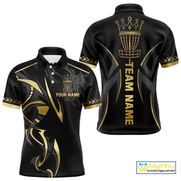 Black and Gold crown Disc golf polo shirts for Mens Custom Disc Golf Team jerseys, disc golf gifts NQS10126