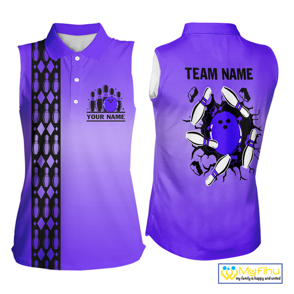 Personalized Black & Purple Retro Bowling Sleeveless Polo Team Shirt For Women Custom Bowling Gift NQS10461