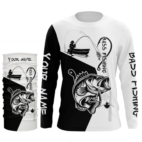 Black and White Bass Fishing Custom Name 3D All Over Printed Shirts, Personalized Fishing gifts NQS355