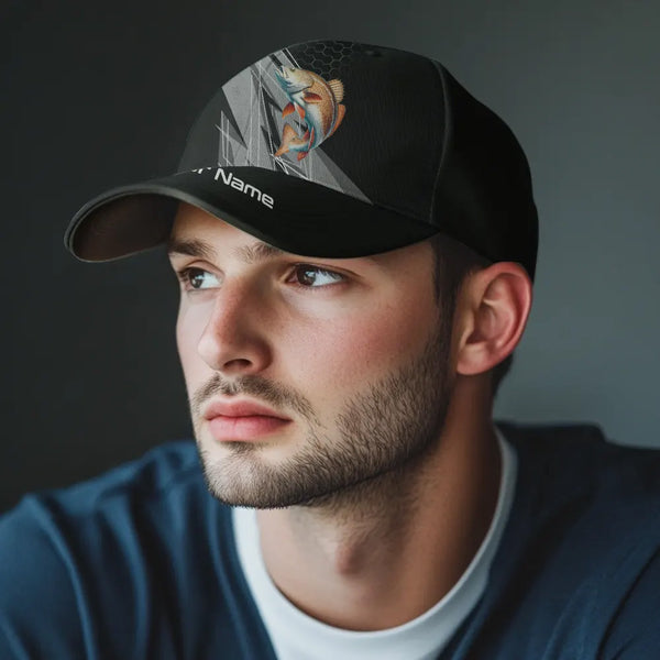 Personalized Black camo Redfish Fishing baseball cap, Red Drum fishing hats for men, women NQS10142