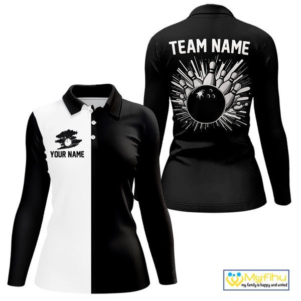 Black and white Retro Bowling shirts For Women Custom team bowling jerseys gift for Bowlers NQS10146