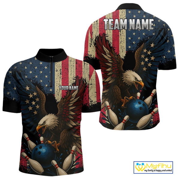 Vintage American Flag Eagle Bowling Shirt For Mens Custom Patriotic Retro Team bowling jerseys NQS10475